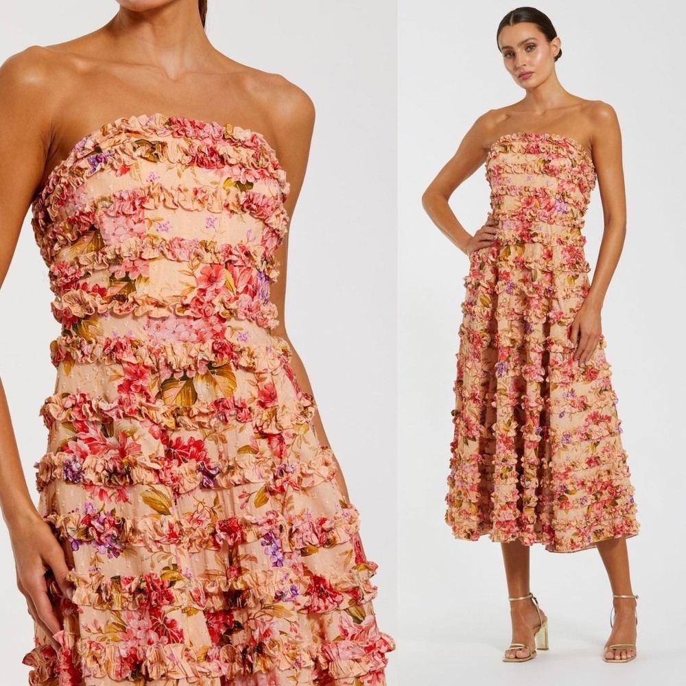 NEW Mac Duggal Pink Floral Strapless Ruffle Midi‎ Dress $598 - Size 10